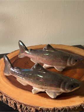 Iridescent Ceramic Rainbow Trout 8”X 4”Salt and Pepper Figurines - Pair